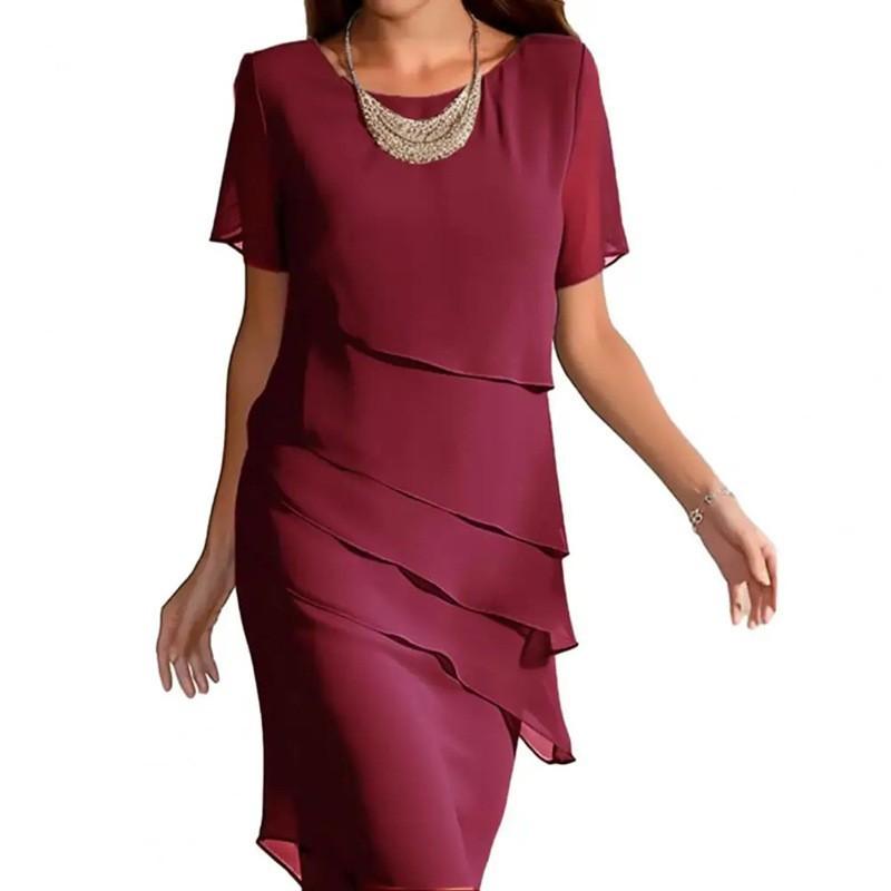 2026 Amazon Independent Station New Summer Slim Dress Splicing Chiffon Crew Neck Short Sleeve Dress Women