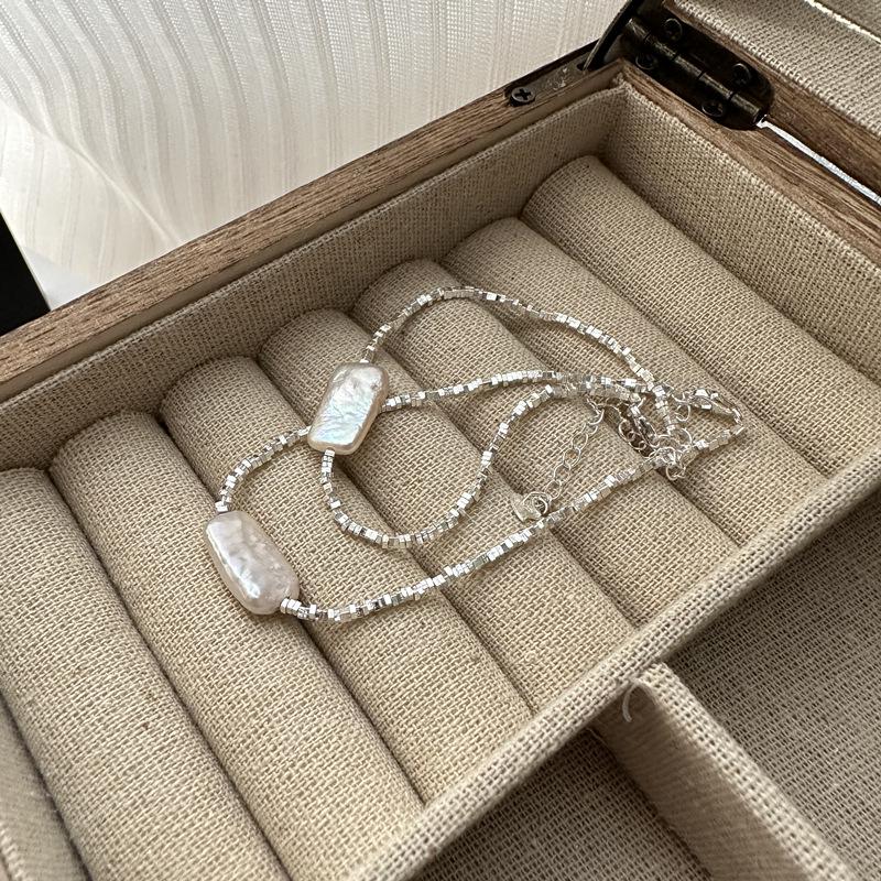 Корейское геометрическое ожерелье из стерлингового серебра 925 пробы с жемчугом - Неправильная многослойная цепочка для ключицы