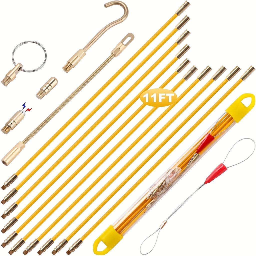 11' Fiberglass Running Electrical Wire Cable Pulling Fish Tape Kit with 5 Different Attachments & Fish Tape Tool in a Case