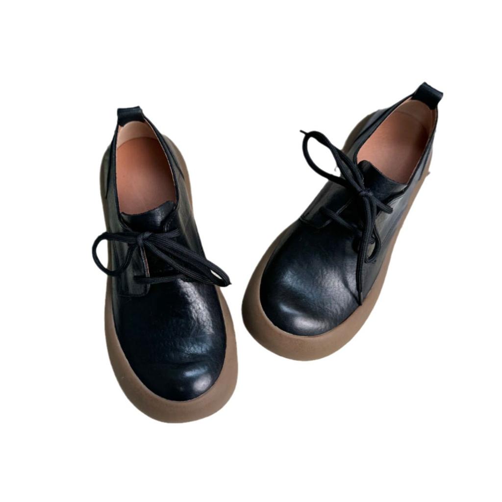 Spring New Women's Shoes First Layer Cowhide Lace-up Thick-soled Single Shoes Retro Round Head Women's Shoes Soft Sole Soft Surface