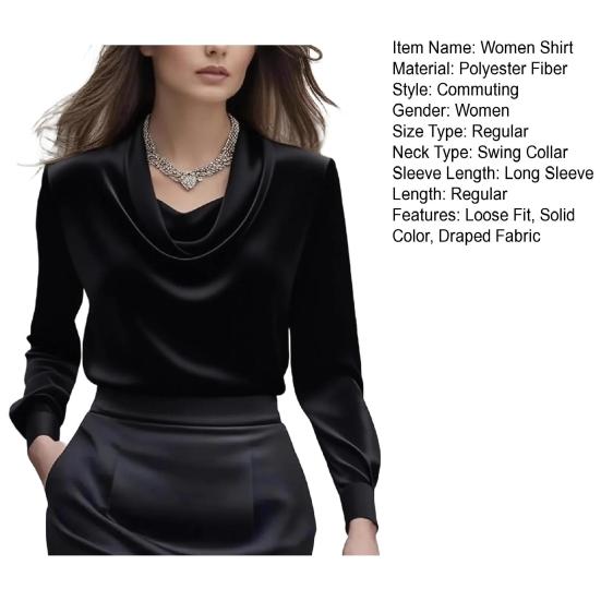 Women Shirt Swing Collar Long Sleeve Design Loose Fit Shirt Solid Color Versatile Office Lady Shirt Workwear