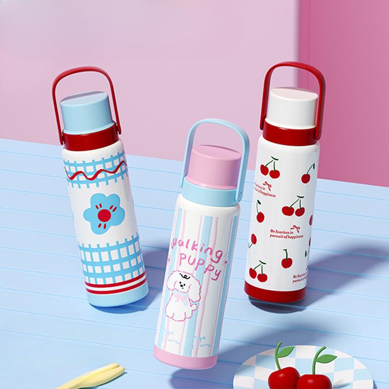 New Ins Stylish Thermos Cup Girls Stainless Water Cup Big Cap Cartoon Portable Portable Portable Cup Durable Durable