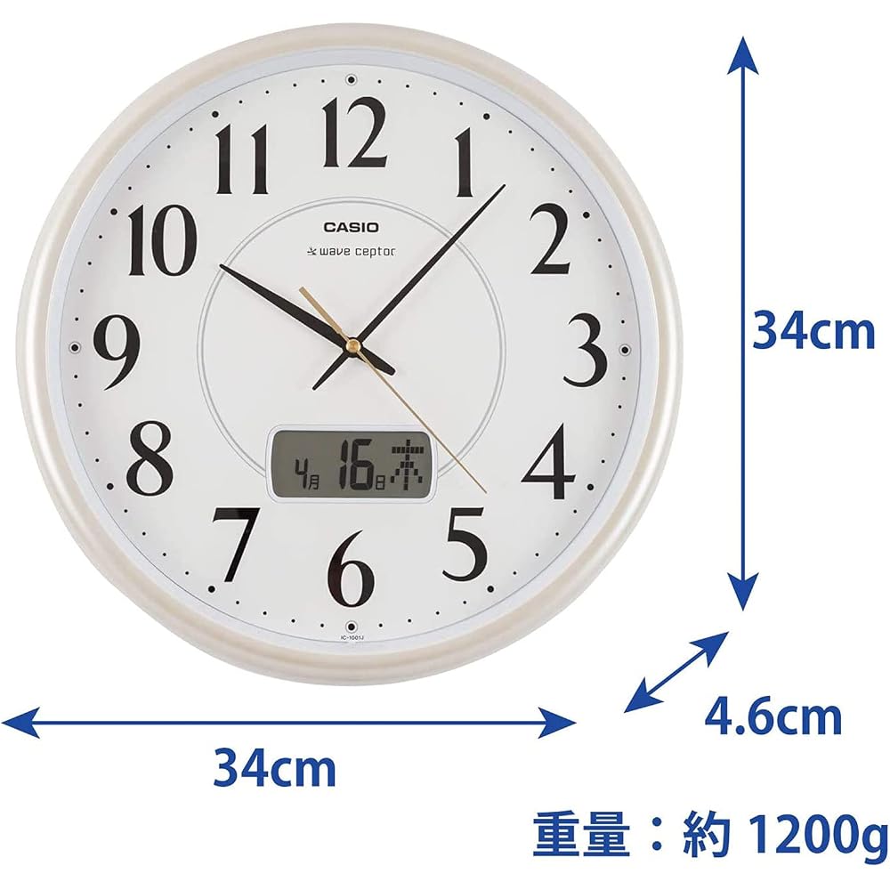 CASIO Wall Clock, Radio-Controlled, White/Champagne Color, Analog, Calendar, IC-1001J-9JF