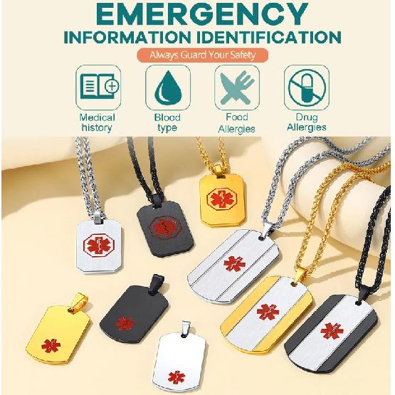 U7 Stainless Steel Custom Data Engrave ID Medical Alert Tag Necklace Men Women First Aid Allergy Infomation Emergcy Med Jewelry