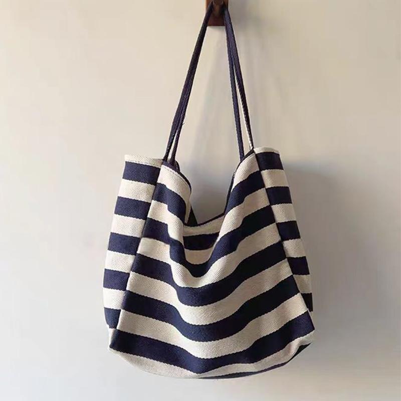 Casual Style Women’s Handbags New Fashion Large Capacity Striped Canvas Underarm Shoulder Bags Ladies Commuter Totes CLE