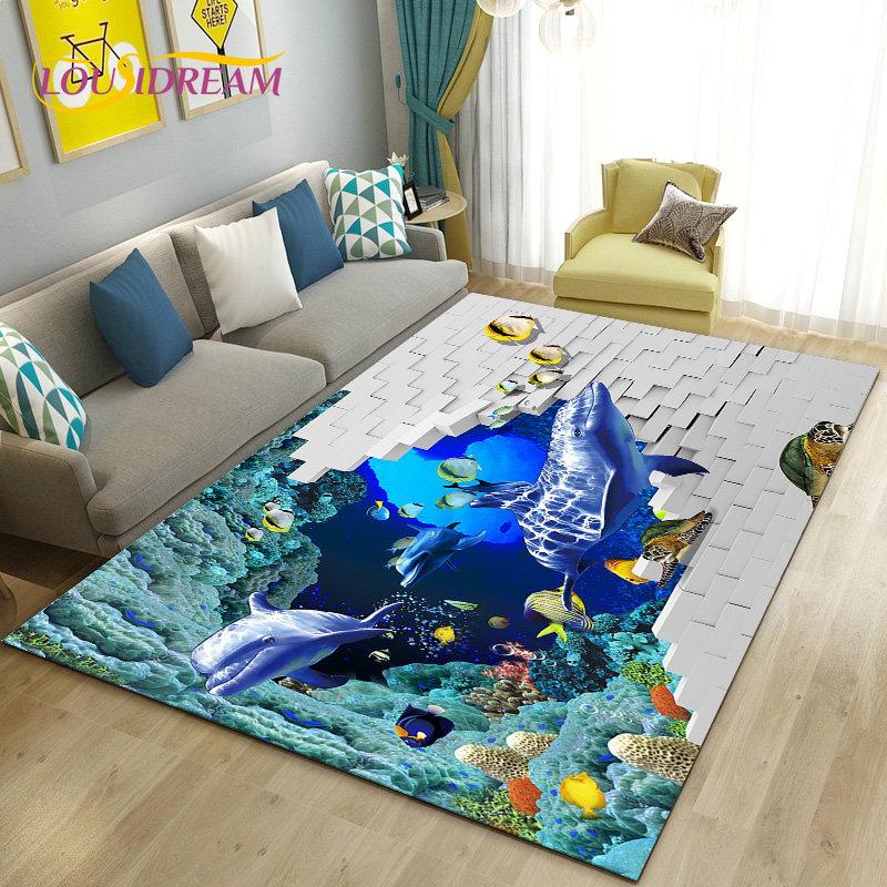 3D-иллюзия Подводный мир Морское дно Дельфин Акула Ковер, Ковер для Гостиной Спальни Дивана Прихожей Нескользящий Коврик для Пола