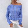 Blue Hollowed Out Knitwear Women's Round Neck Short Sweater Bat Sleeve Off Shoulder Top Simple Casual Loose Thin Sexy Beach Cover Autumn Spring