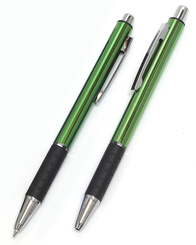 Чехол для карандашей из зернистой кожи, цвет зеленый мох, металлическая сенсорная панель, серебристый цвет, набор шариковых ручек с металлическим покрытием, зеленый цвет и SASMG-ALST-WZ2067BP-G