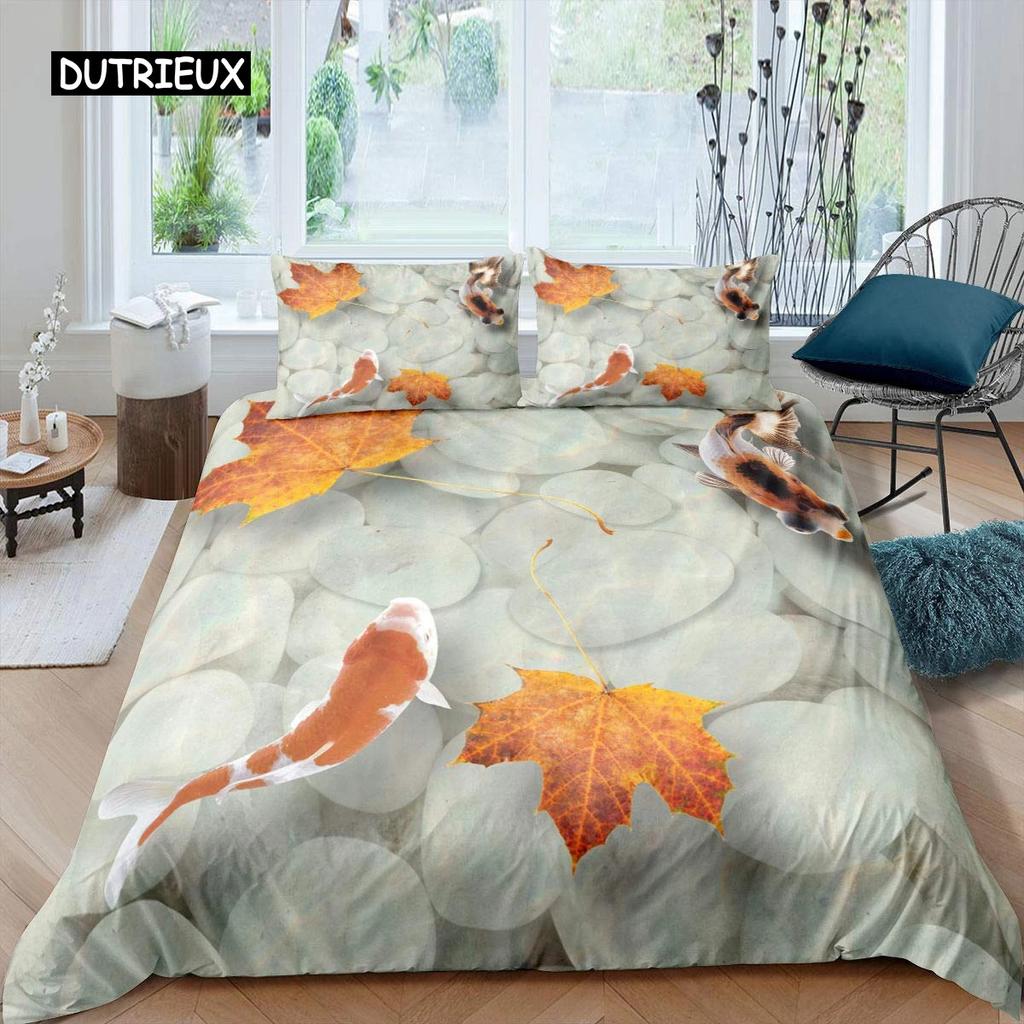 Maple Leaves Duvet Cover Set Colorful Autumn Season Maple Leaves In Unusual Designs Nature Print King Size 23pcs Bedding Set