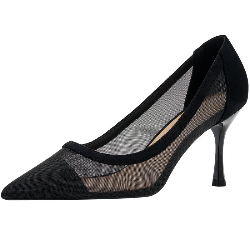 Comemore 2025 Spring Summer Thin Heels Pumps Women Pointed Toe High Heel Work Shoes Dot Mesh Vintage Elegant Shallow Stiletto 43