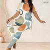 Women Plus Size Printed Round Neck Short Sleeve Longline Top Fitted Pants Two Piece Set