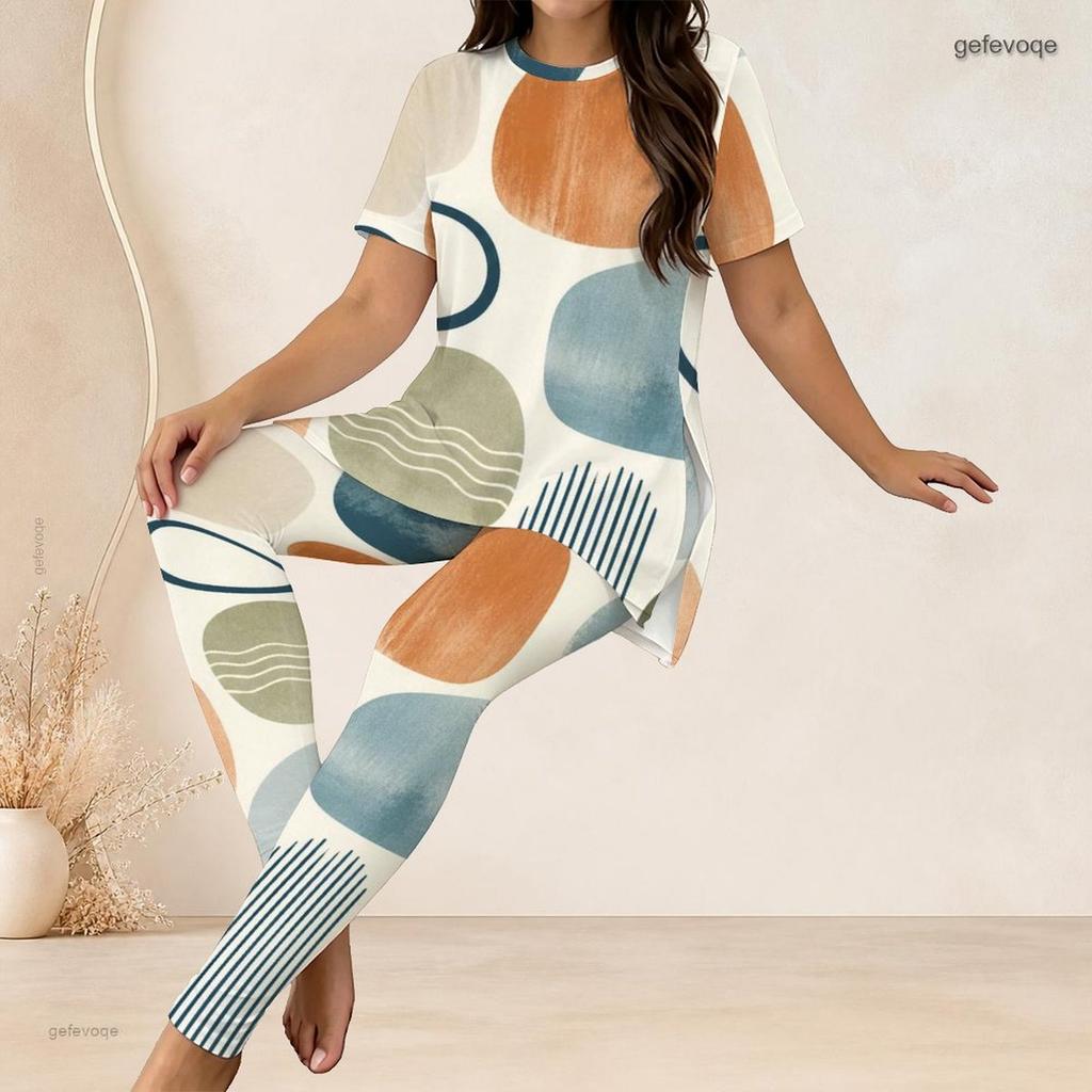 Women Plus Size Printed Round Neck Short Sleeve Longline Top Fitted Pants Two Piece Set