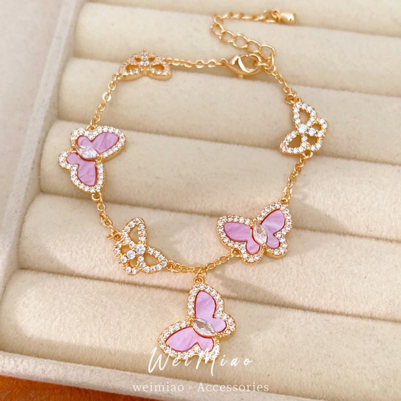 Zircon Butterfly Pendant Bracelet Women Minimalist Chic Sweet Punk Style Gold-Tone Chain With Colorful Accents