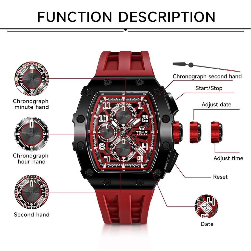 TSAR BOMBA Кварцевый Аналоговый 5 АТМ Водонепроницаемый Бочкообразный Нержавеющая Сталь Простой Большой Повседневный Спорт Идеальный День Победы Красный Мужские Часы, Механизм, Водонепроницаемость, Форма,
