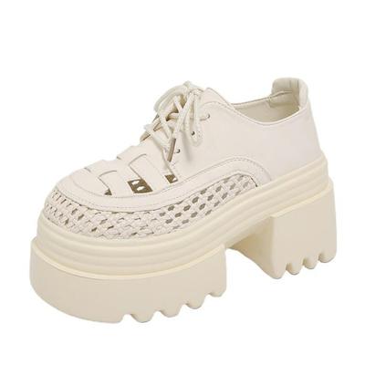 Мода 9 см Новые Летние Женские Ажурные Кроссовки Кожаные Туфли на Высоком Каблуке Платформа Шнуровка Повседневная Обувь Толстая Подошва Обувь для Ходьбы Zapatos Mujer
