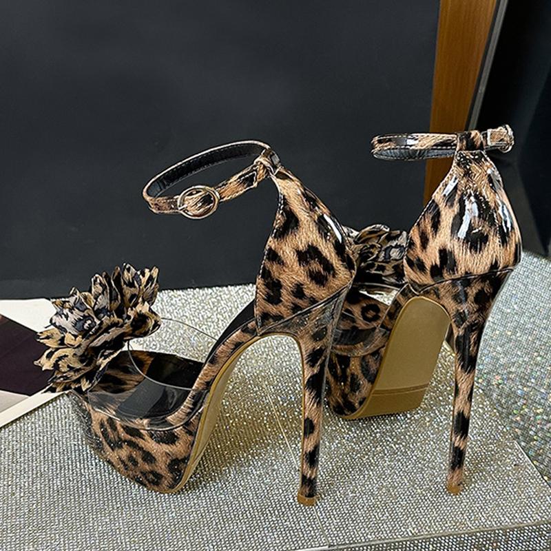 Модные женские сандалии на платформе с леопардовым принтом и большими цветами из ПВХ, сексуальные с открытым носком, на супервысоком каблуке 16 см, обувь для стриптиза и танцев на пилоне