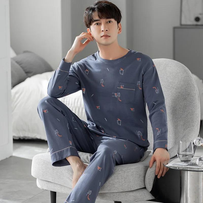 Пижамы мужские весенние и осенние с длинными рукавами, длинные брюки, простая домашняя одежда, тонкий хлопок, мужские большие размеры, весенние модели, костюм для отдыха