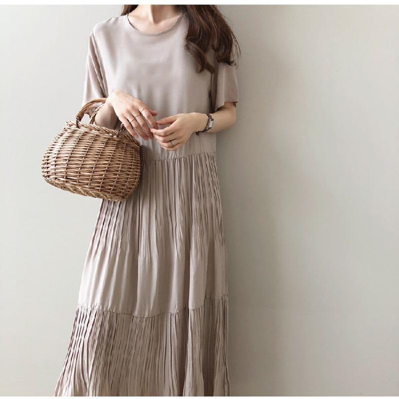Summer Solid Color Round Neck Literary Loose Pleated Short Sleeve Dress