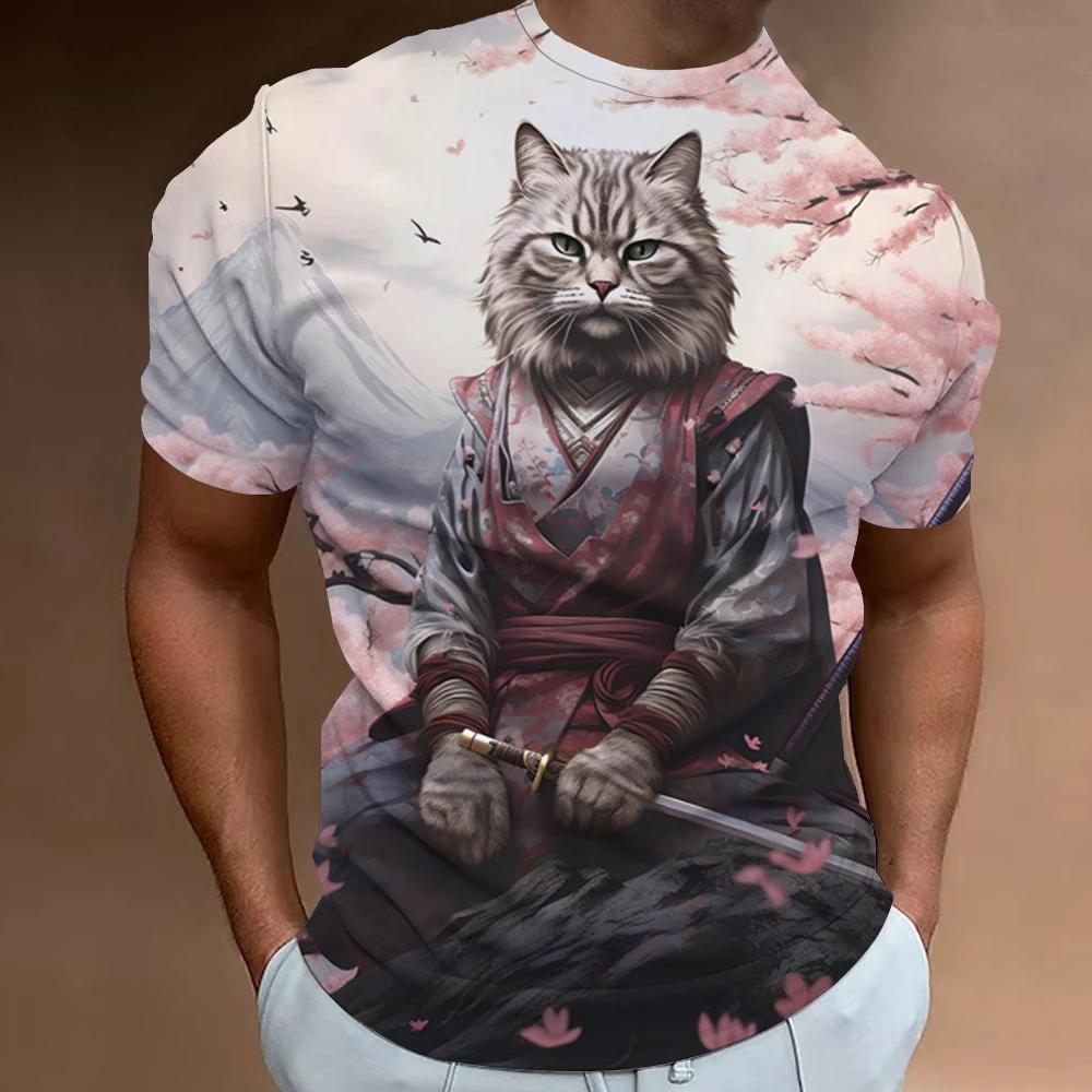New Retro Men 2024 Fashion Oversized Men's Clothing Quick Drying T-shirt Top T-shirt 3d Samurai Cat Print Short Sleeve T-shirt