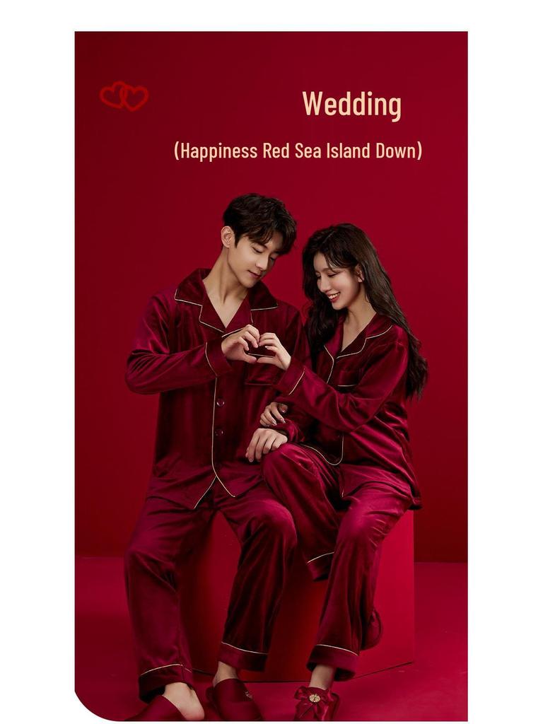 Fly Together 2-Piece Burgundy Island Fleece Pajamas for Couples - Wedding Festive, Extra Thick Winter Homewear.