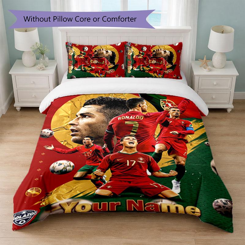 Cristiano Ronaldo Custom Name Text Bedding Set 1 Duvet Cover+2 Pillowcases Soccer Logo Personalized Gift For Special Occasion Bedroom Decor
