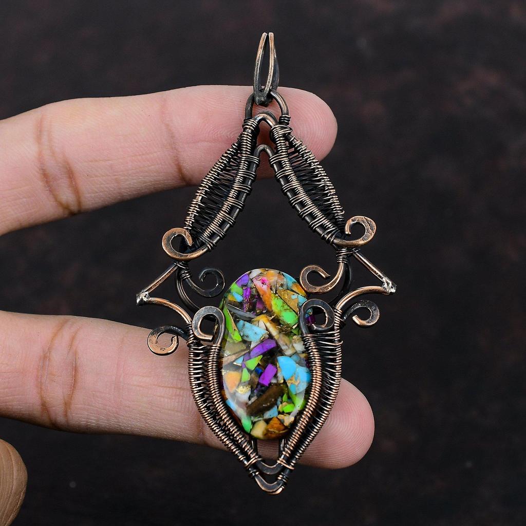 Fiesta Kingman Бирюзовый кулон Мульти Медный бирюзовый кулон Медная проволока обернутая подвеска Драгоценные камни подвеска ручной работы Медные украшения