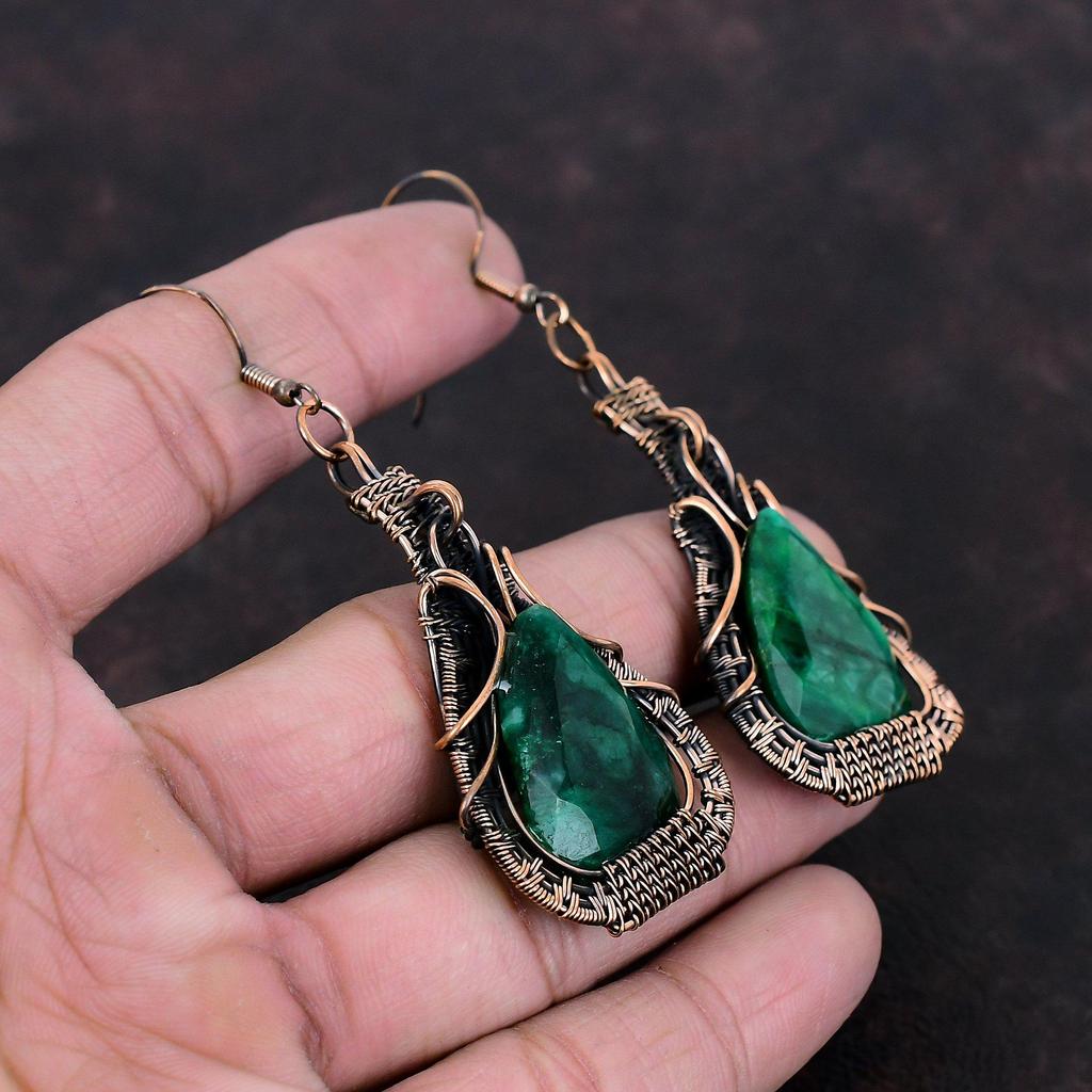 Граненые серьги с замбийским изумрудом, серьги из медной проволоки, медные украшения, серьги ручной работы из натурального драгоценного камня, подарок для мамы, ювелирные изделия из проволочной обмотки
