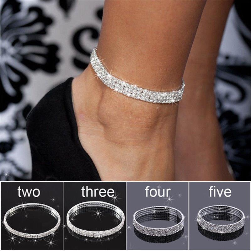 Цепочка со стразами 2, 3, 4, 5 рядов, сверкающие бриллианты, эластичный кристалл, многослойный, опционально, модный серебряный браслет, ножной браслет, украшение для ног со стразами