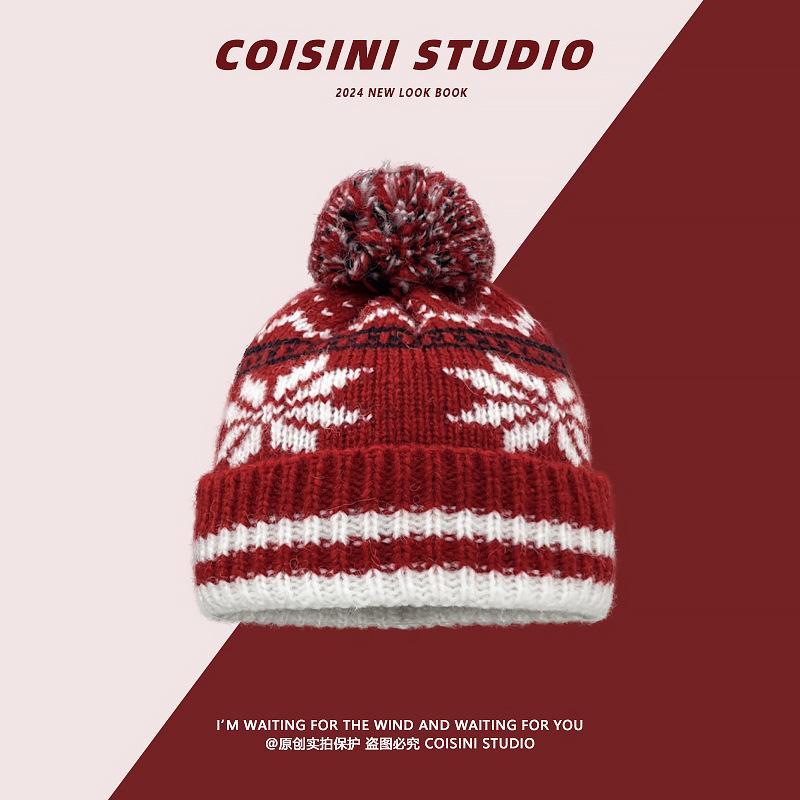 Корейская версия ретро шапки из вязаной шерсти в стиле Фэр-Айл для пары, утолщенная теплая рождественская шапка-пуловер в полоску со снежинками