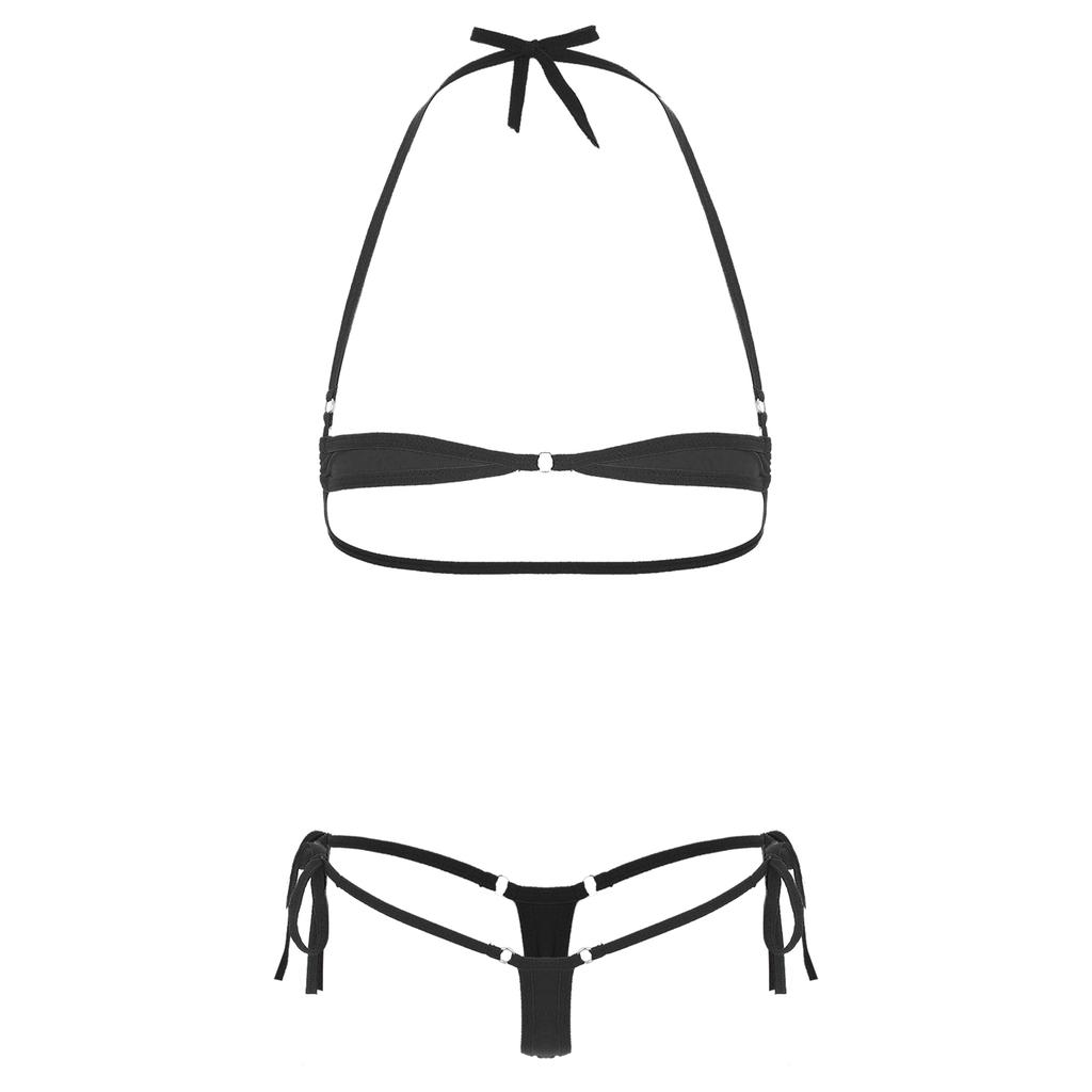 Женский двухсекционный микро-бикини с завязками на шее, трусики-стринги с низкой посадкой, кружевной купальник, пляжная одежда, нижнее белье