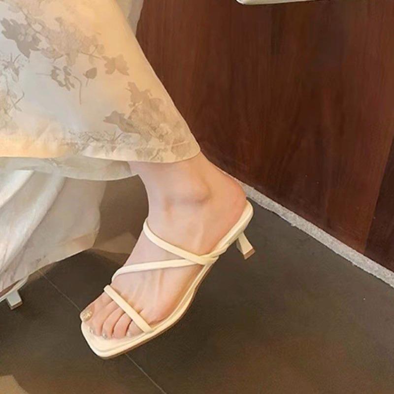 2025 Summer New Women's High Heel Slippers Fashion Square Toe Grace Narrow Band Solid Casual Daily Slippers Zapatos De Mujer
