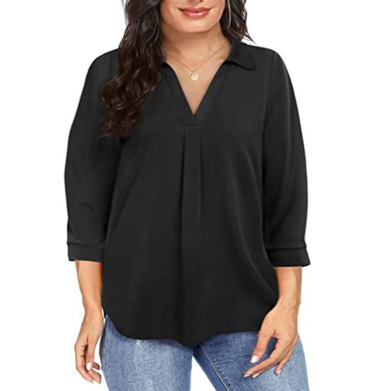 Womens Loose V-Neck Chiffon Blouse 7/8 Sleeve Plus Size Office Casual Top In Solid Colors