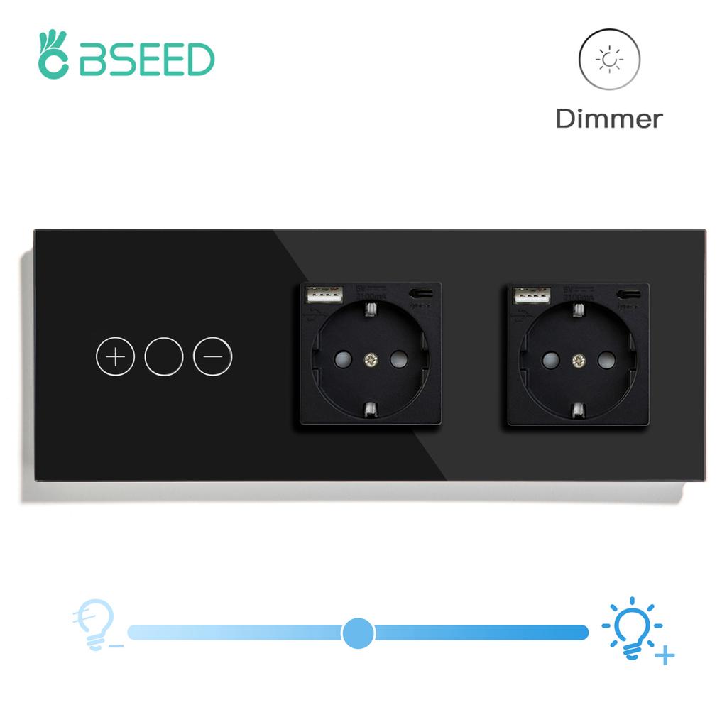 BSEED Touch Dimmer Switches 1gang1way Wall Light Switch LED Dimmer Plus EU Wall socket USB EU Standard Blue Backlight 10A