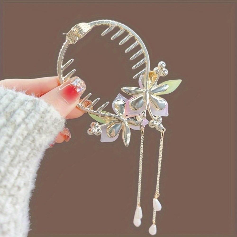 Pink Peach Blossom Bun Hairpin Imitation Pearl Round Bun Ponytail Holder Women Girls