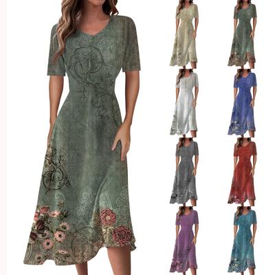 Женское повседневное модное длинное свободное платье с v-образным вырезом и коротким рукавом на талии с цветочным принтом