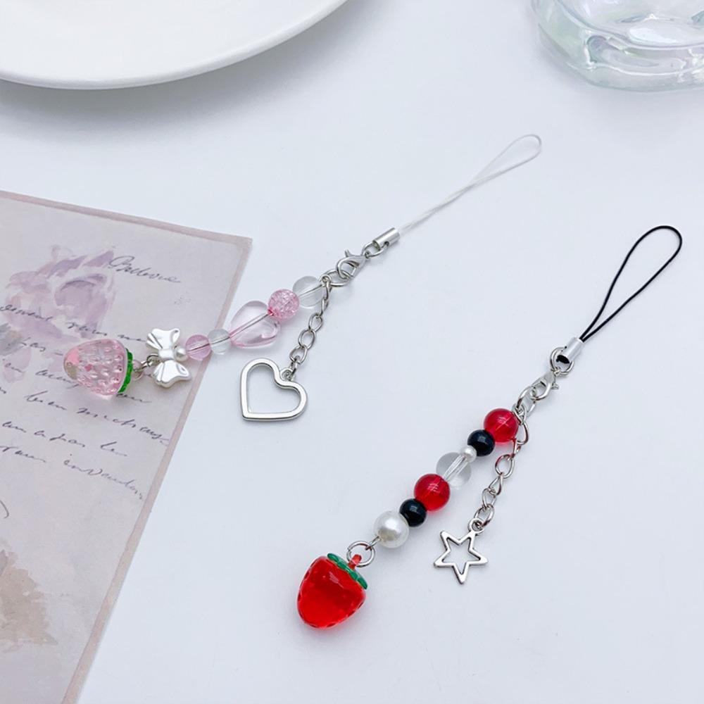 Chains Resin Strawberry Keychain Acrylic Y2K Strawberry Heart Bow Keyring  Keychain Decor