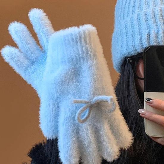 Yousheng Women Fuzzy Thermal Gloves Fluffy Winter Thick Full Finger Gloves with Bows Solid Color Cute Warm Plush Gloves for Girls Cycling Daily