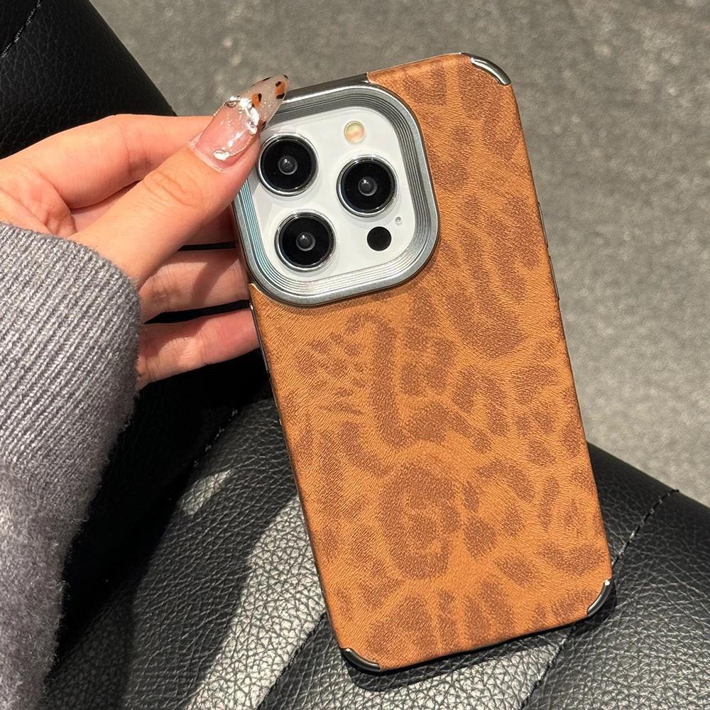 Титаново-серый чехол для телефона из кожи с принтом леопарда для iPhone 16 15 14 13 12 11 Pro Max, полностью ударопрочный, с жестким бампером