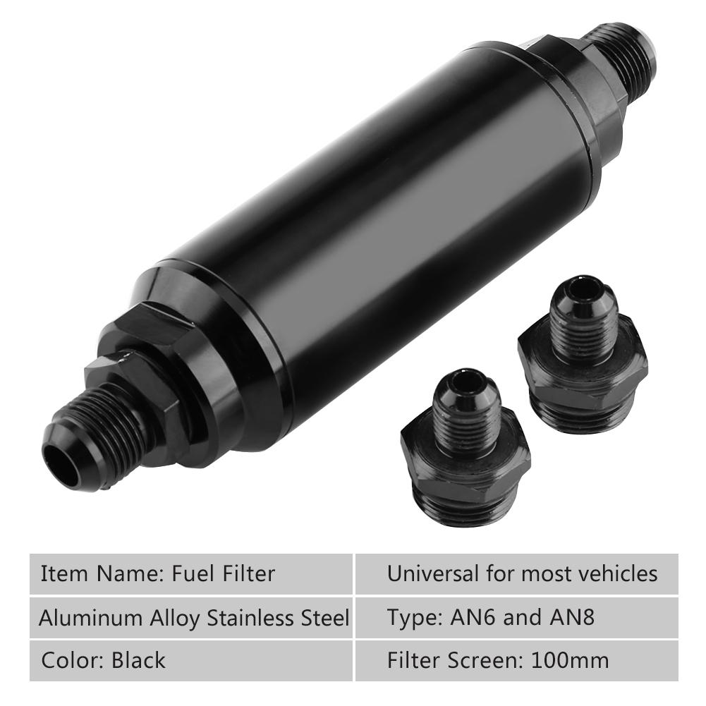 Universal Aluminum 44mm Car Inline Oil Fuel Filter With AN6 AN8 Adapter Fittings Black