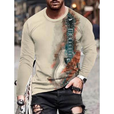 Весенне-осенние футболки с круглым вырезом и 3D-принтом с гитарой, модные повседневные мужские футболки с длинным рукавом