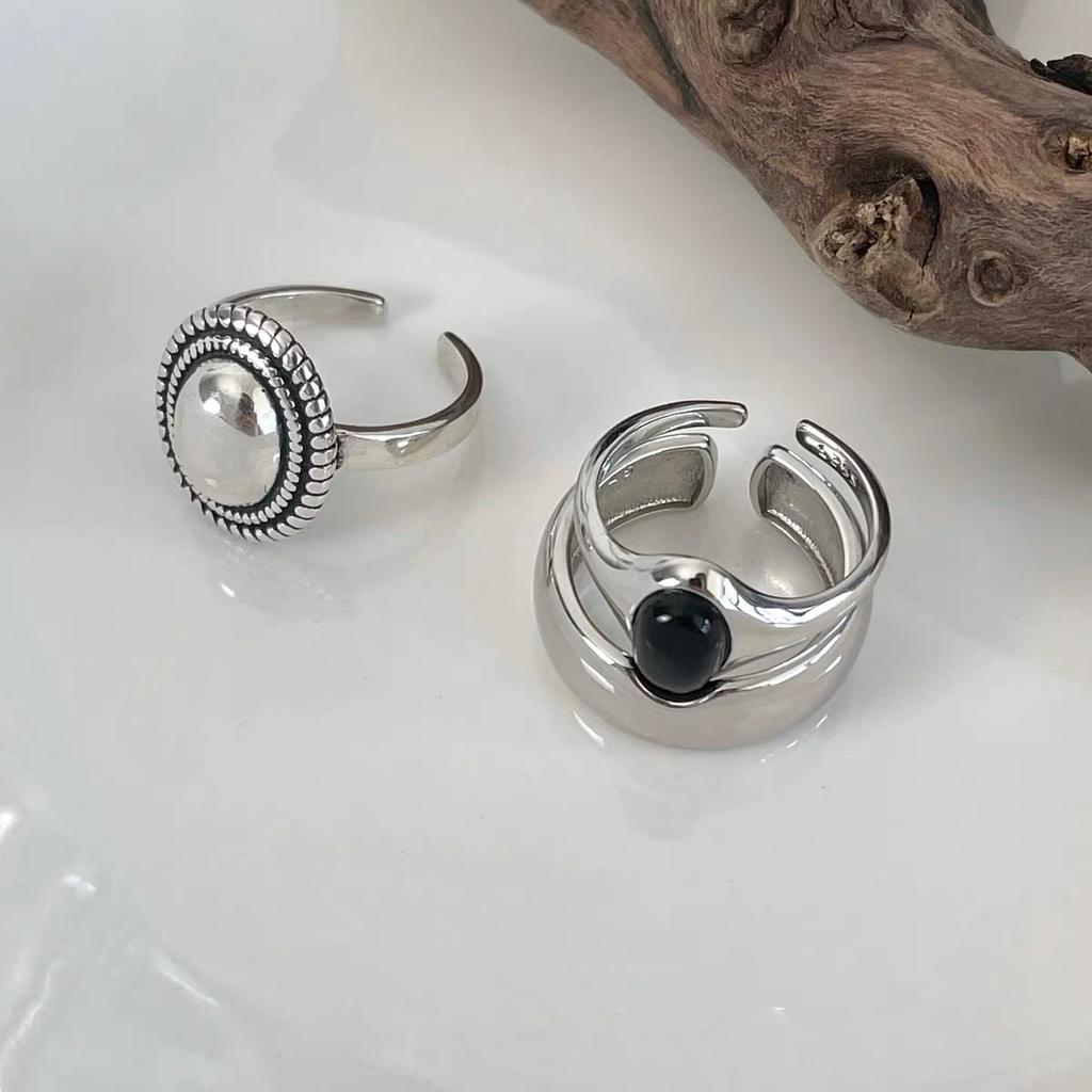 BF CLUB 925 Кольца для женщин Черный камень Модные Геометрические Винтажные Ручная работа Неправильное кольцо Подарок на вечеринку