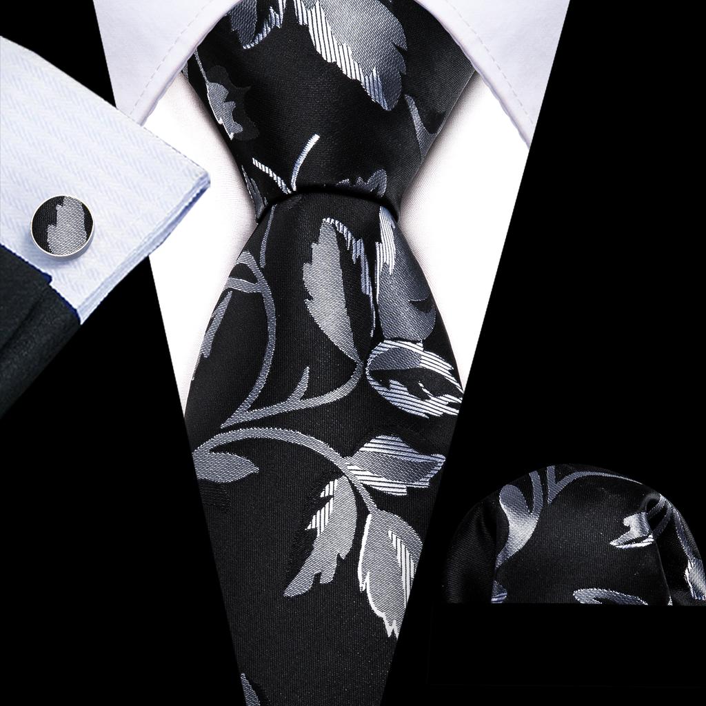 Barry.Wang Classic Tie for Men Woven Silk Striped Neckties Handkerchief Set Cufflinks Formal Casual