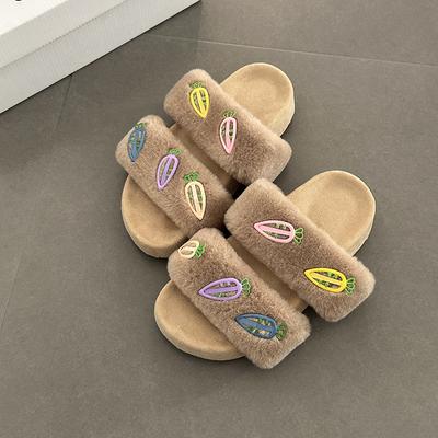 Милые повседневные пушистые тапочки с открытым носком для женщин, для ношения осенью и зимой, модные мультяшные тапочки из хлопка с морковкой для дома на одно слово
