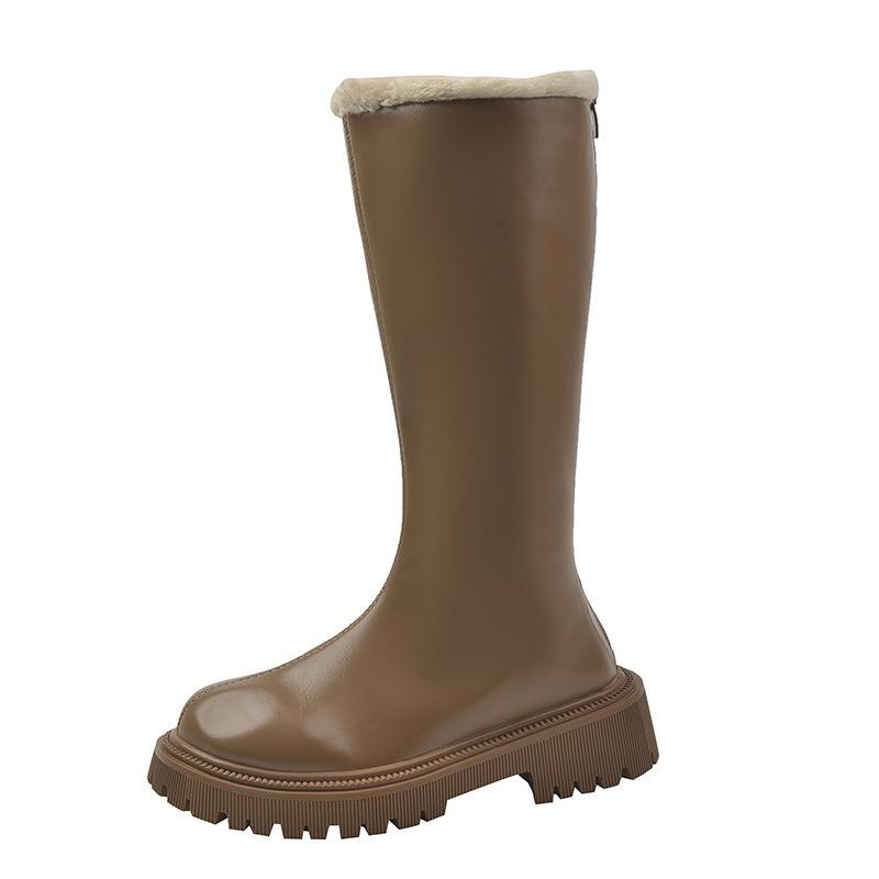 Утолщенные длинные сапоги-трубы для осени и зимы, новый европейский и американский стиль моды, с бархатной молнией сзади и бахромой, сапоги для женщин