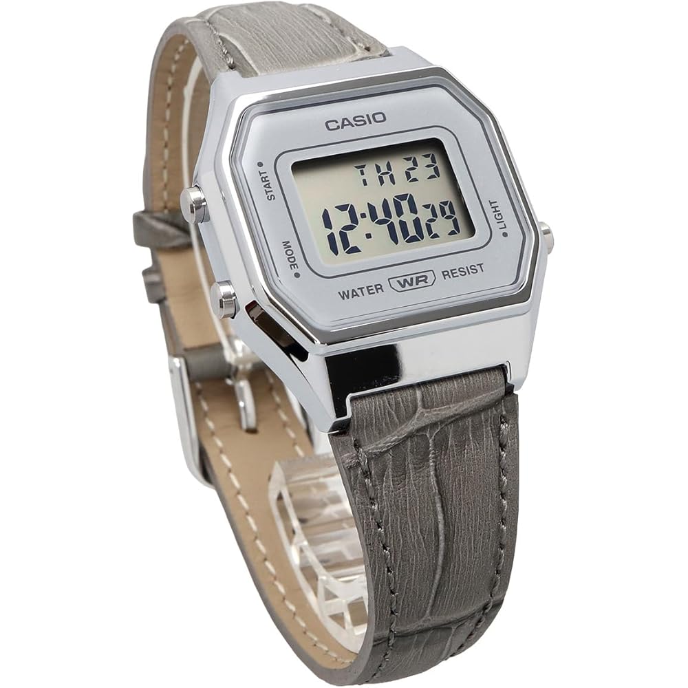 Casio Vintage Series LA680WEL-8A2 Women's Digital Watch Octagonal Face Silver Gray Leather Band