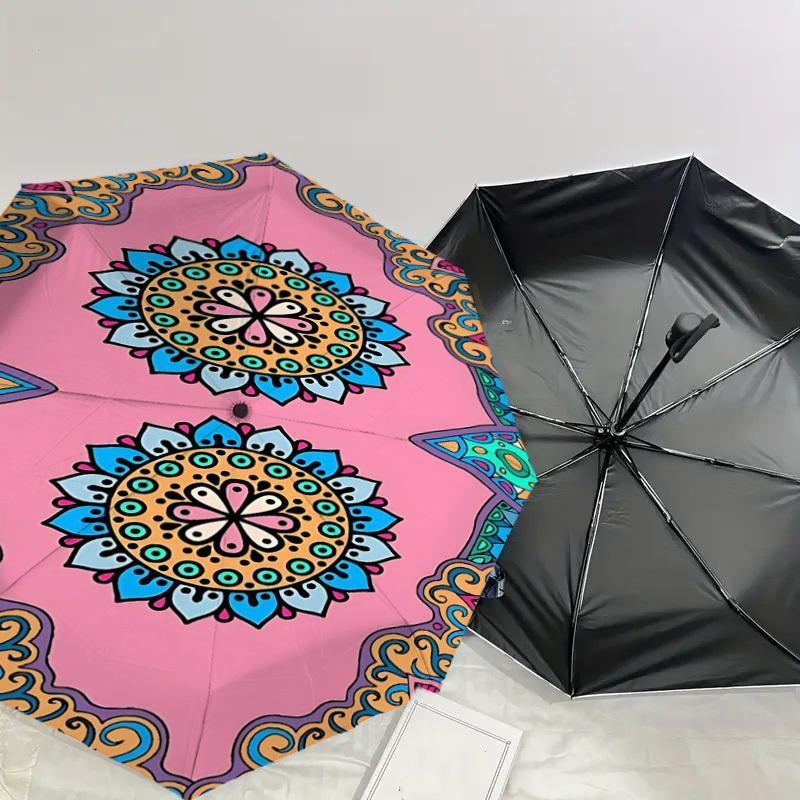 1pc Mandala Pattern Automatic Open/Close Umbrella Compact Folding Umbrella with 8-Rib Shaft for Women/Men, Elegant Birthday1222S