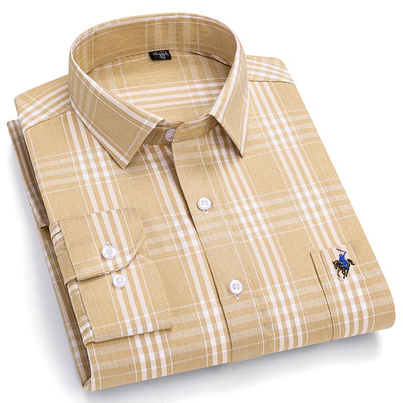 Рубашки из чистого хлопка в клетку для мужчин с длинным рукавом и логотипом, качественная официальная деловая мужская рубашка
