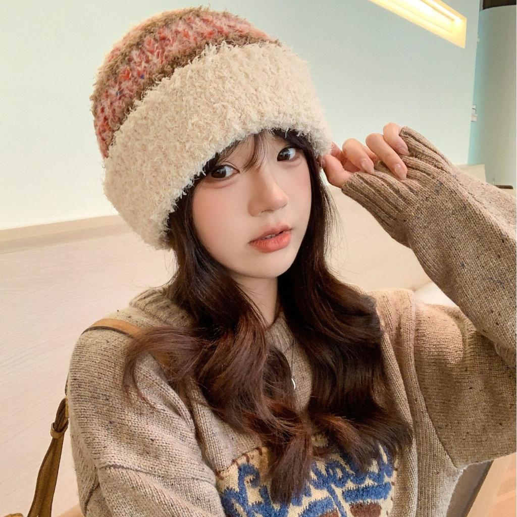 Осенне-зимняя женская милая шапка плюшевая новая вязаная шапка универсальная термозащитная шапка для ушей утолщенная модная студенческая шапка