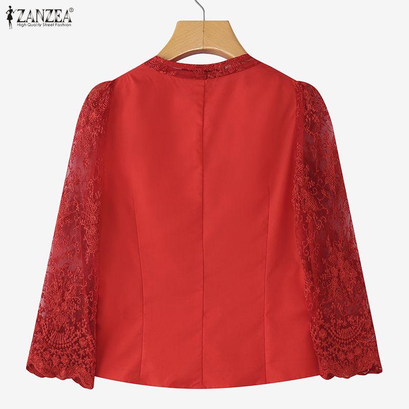 ZANZEA Женская повседневная блузка с V-образным вырезом, рукавом 3/4 и кружевной вставкой, приталенного силуэта