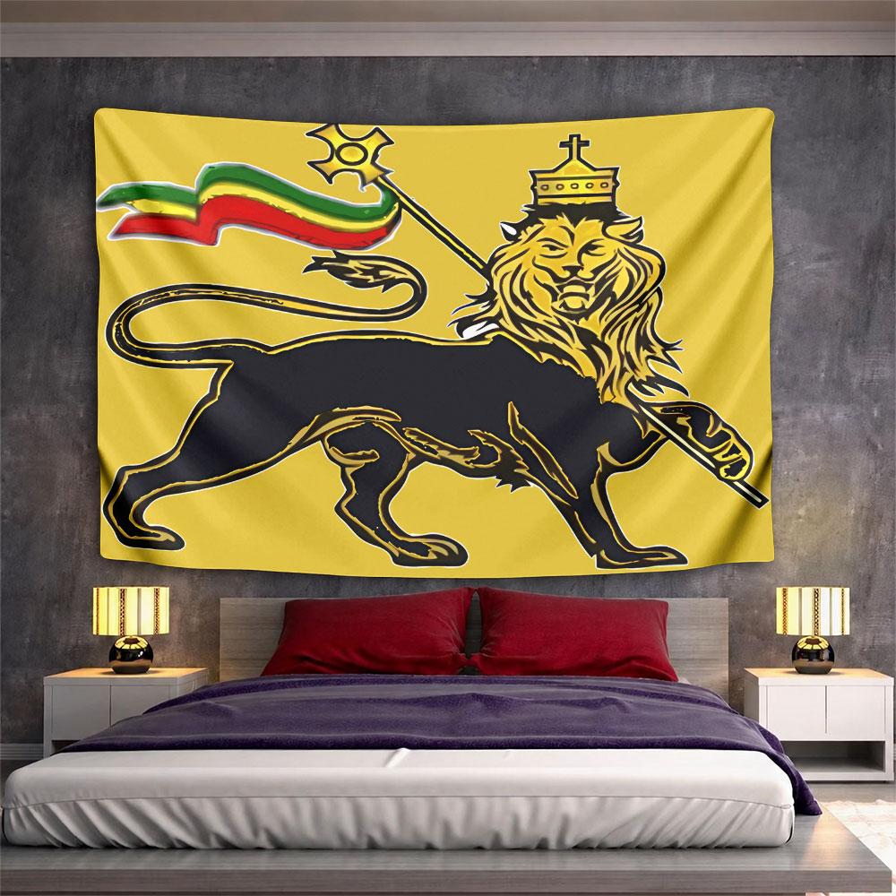 A crowned lion holding a staff with a flag in red, yellow, and green. Patterned tapestry for bedroom and living room home decor